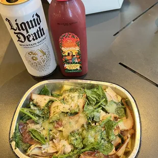 Turkey Rigatoni Alfredo, Natalie's Beet Juice, Liquid Death (if you haven't tried one, do it)