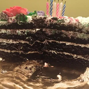 a slice of chocolate cake with frosting and candles