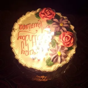 a birthday cake with a lit candle