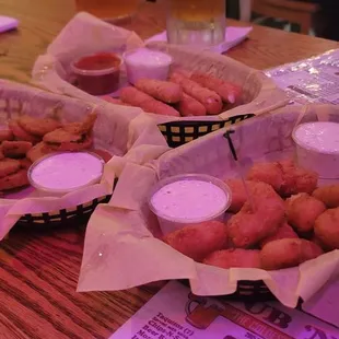 Fried pickles, mozzarella sticks, fried Mac and cheese
