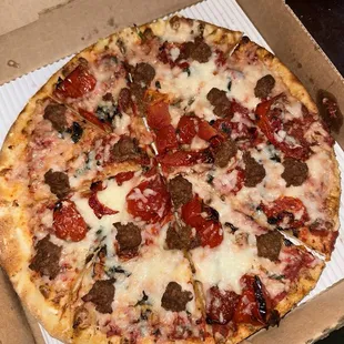 Humble Pie with vegan sausage and cheese