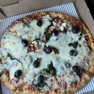 Medium zorba the pizza: spinach, red onions, whole black olives &amp; feta cheese
