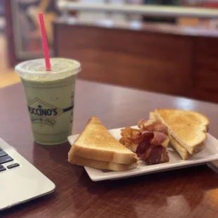 Matcha Frappe, Toast, Bacon
