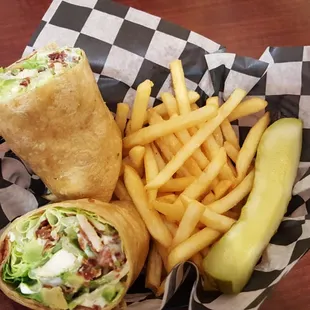 Chicken bacon avocado ranch wrap for $8.95 w/ fries. Pretty good deal!