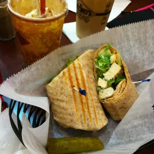 Chicken Caesar wrap and my frozen Puccino! Not sure what the bestie is drinking. Maybe an iced mocha?