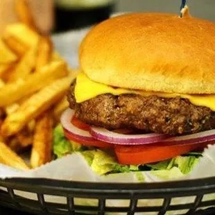 a cheeseburger and fries