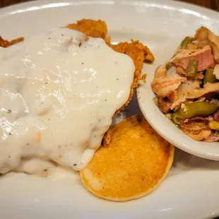 Chicken Fried Chicken, Southern Green Beans, Mashed Potatoes, Cajun Corn Cake