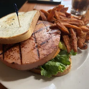 Smoked Bologna Sandwich with Sweet Potato Fries.