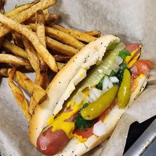 Chicago style hotdog with french fries
