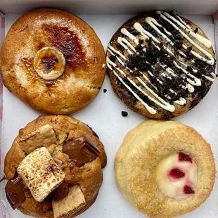 strawberry danish (seasonal), big Oreo, wild campfire (s&apos;mores), and banana brûlée