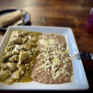 Chile Verde plate no rice, Jamaica to drink.