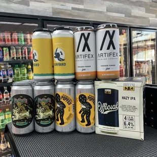 a variety of beer cans