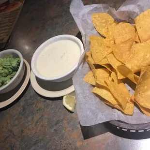 Chips Salsa Queso and Guacamole