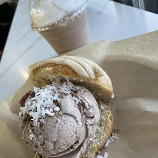 Concha ice cream sandwich and chocolate shake