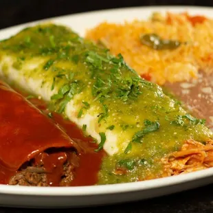 Salsa Verde Chicken Burrito &amp; Beef Burrito with red sauce.