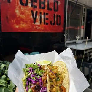 Fish taco and Chicharron Salsa Verde Taco