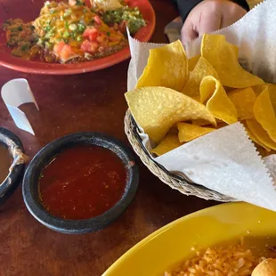 a plate of mexican food and a bowl of salsa