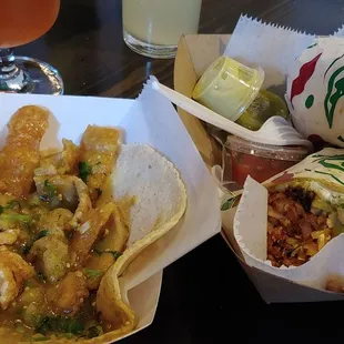 Chicharrones taco and al pastor burrito