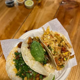 Carne asada, vegetables taco, migas taco