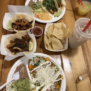 Al pastor enchiladas, al pastor tacos, horchata