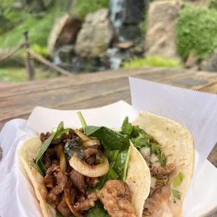 a plate of tacos with a waterfall in the background