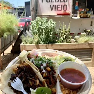 Taco Plate and Outside of Food Truck at Cosmic Coffee