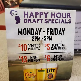 Happy Hour Draft Specials Menu.