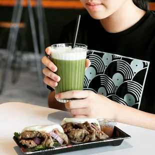 Matcha macchiato and Beef teriyaki Gua-bao