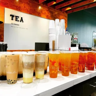 Black boba milk tea, brown sugar boba milk, Hong Kong milk tea &amp; coffee and tropical fruit green tea for your weekend vibes