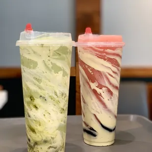 Matcha Cream Brulee &amp; Strawberry Cream Brulee with black boba