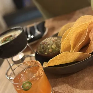 Spicy strawberry margarita, Queso Dip and Guacamole