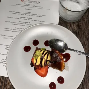 Chocolucuma- Chocolate Mousse, Lucuma ice cream, Strawberry and Mango blanco.