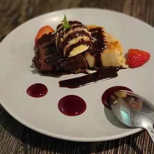 The Desert Course. Peruvian Ice Cream, Flan &amp; Chocolate Mousse- with a raspberry/blackberry sauce that was to die for.