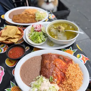 Chicken Enmolada+Chile Rellano Combo ($19.95), Pozole Verde w/ chicken, pork, bacon ($17.95), Milanesa: Fried Steak ($19.95)