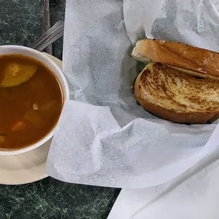 Fish soup and brioche that came with our shrimp quesadilla