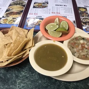 Complimentary chips and ceviche