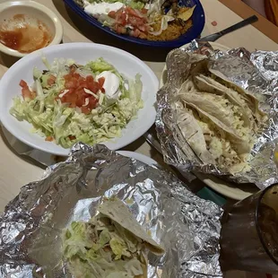 Steak Burrito Jalisco, chicken tacos, shredded beef tostada