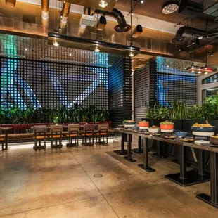 The Main Dining Room set up for a Reception-Style Event with a display station