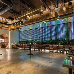 The Main Dining Room set up for a Reception-Style Event with a display station