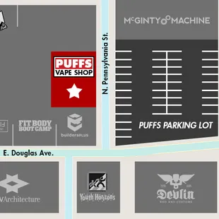 PUFFS Vape Shop Map to find our NEW STORE at 1520 E. Douglas in Wichita, Kansas