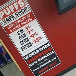 Check out our LOW, EVERYDAY e-juice prices!!! Available in-store at 1520 E. Douglas in Wichita, KS and ONLINE at www.PuffsUSA.com
