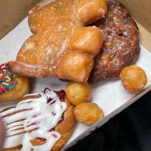 Bear claw, Apple fritter, raspberry pastry