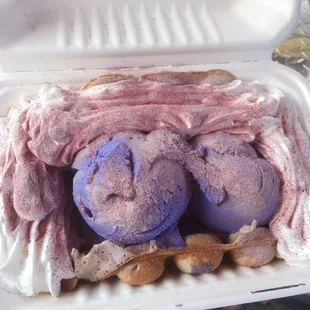 Deluxe Ube! Yah, there&apos;s a ube waffle under all that.