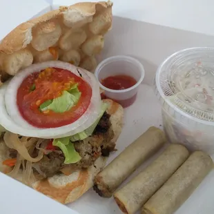 The lumpia burger comes with slaw and 3 lumpia