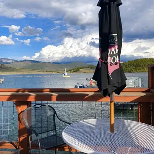 a view of the lake and mountains