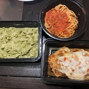 Fettuccine pesto and Eggplant Parmigiana comes with spaghetti