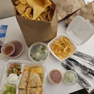 Chicken quesadilla, chicken tortilla soup, extra chips