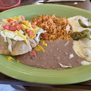 Puffy taco and sour cream chicken enchilada