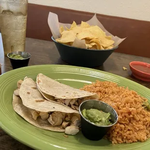 Soft chicken tacos and guacamole.