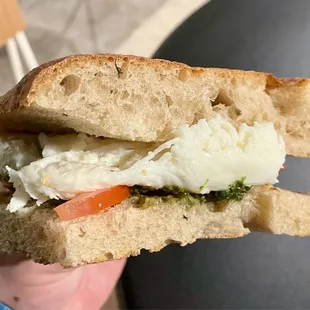 "La Buffa": house-made mozzarella, pecan pesto, and tomato on fresh-baked focaccia